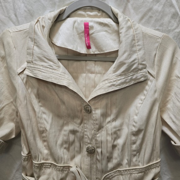 Picky Girl Corset Shirt Dress Belted Collared Short Sleeve Beige Women's Large - Picture 4 of 13